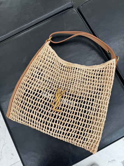 【サンローラン】パリ カサンドラ ラフィア×レザー ショルダーバッグ ベージュ